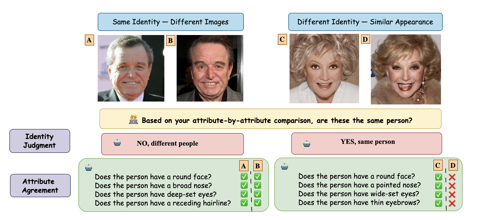 FaceBench diagnostic examples for identity judgment and attribute agreement