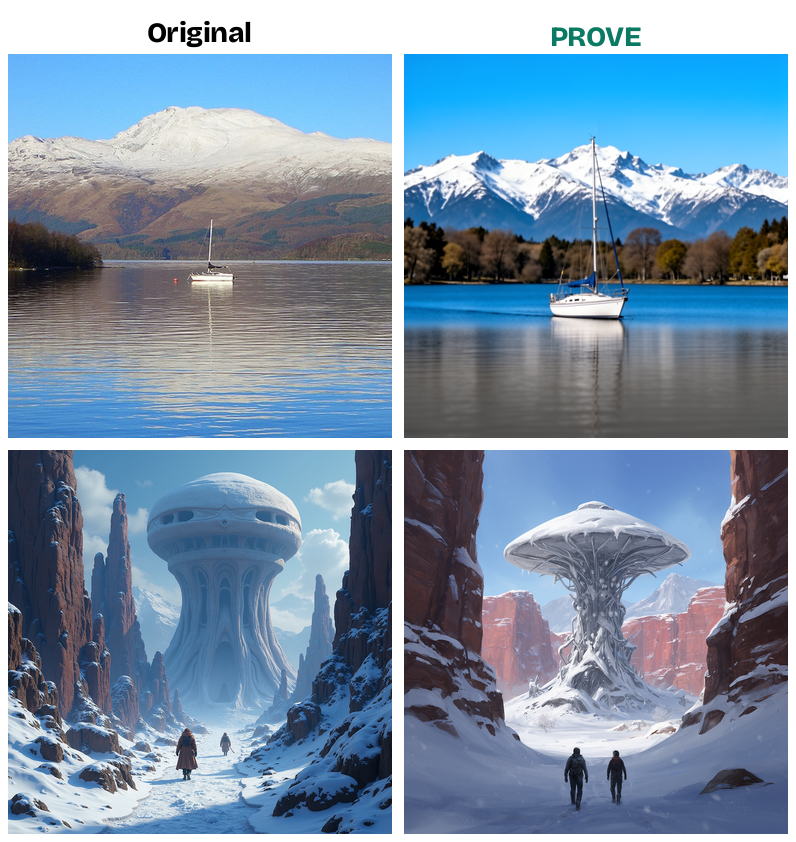 PROVE regenerations of a real MS-COCO image and an AI-generated image from a Lexica prompt.